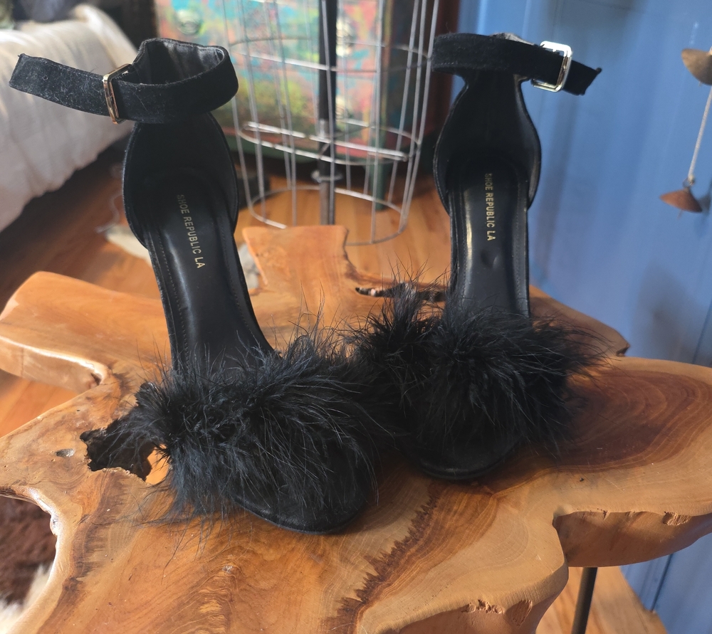 Shoe Republic LA Black Feather Trim Ankle-Strap Heels